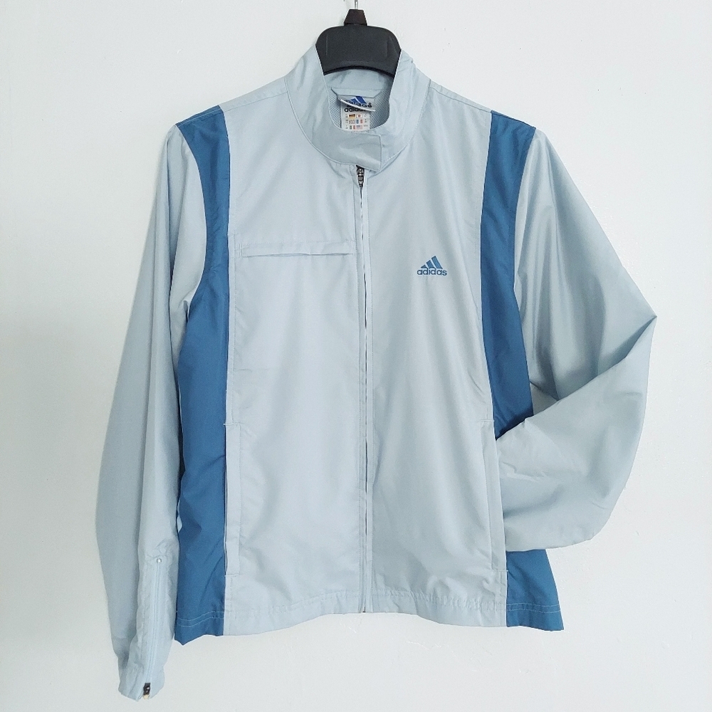 Adidas Athletic Jacket Size 44 Blue Aqua Womens Zip Up Three Stripes Pockets